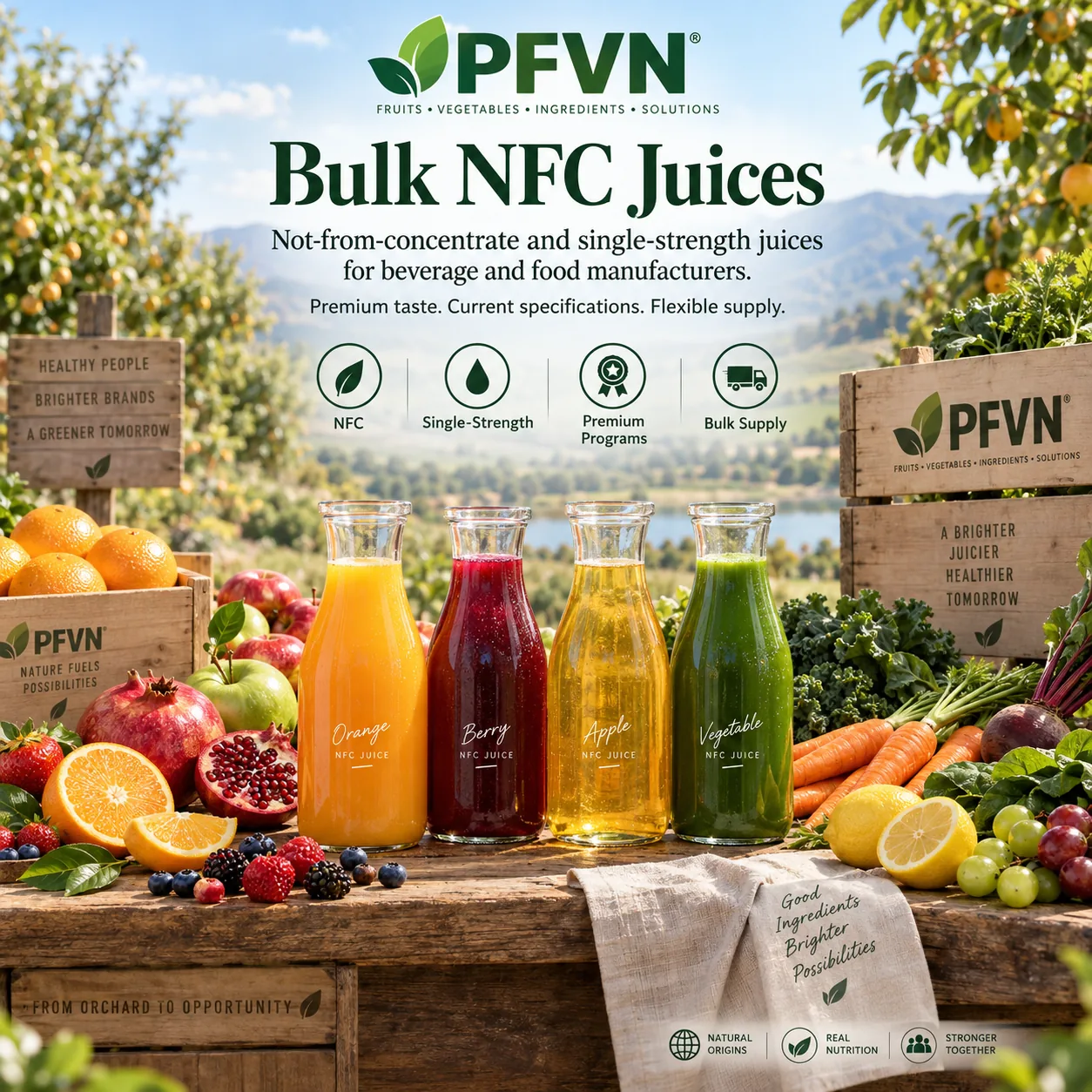 Bulk not-from-concentrate fruit and vegetable juices for food and beverage manufacturing